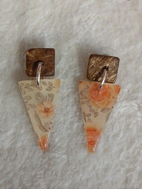 Floral Orange Triangle Drop Earrings - Lightweight Women Jewelry